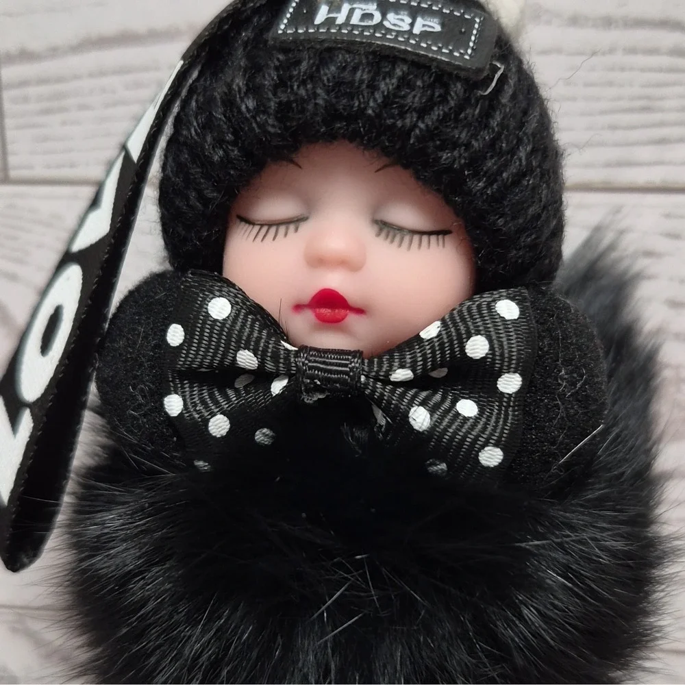 Hdsp Black Faux Fur Doll sleeping Pom Pom Key Chain Polka Dot Bow LOVE Strap